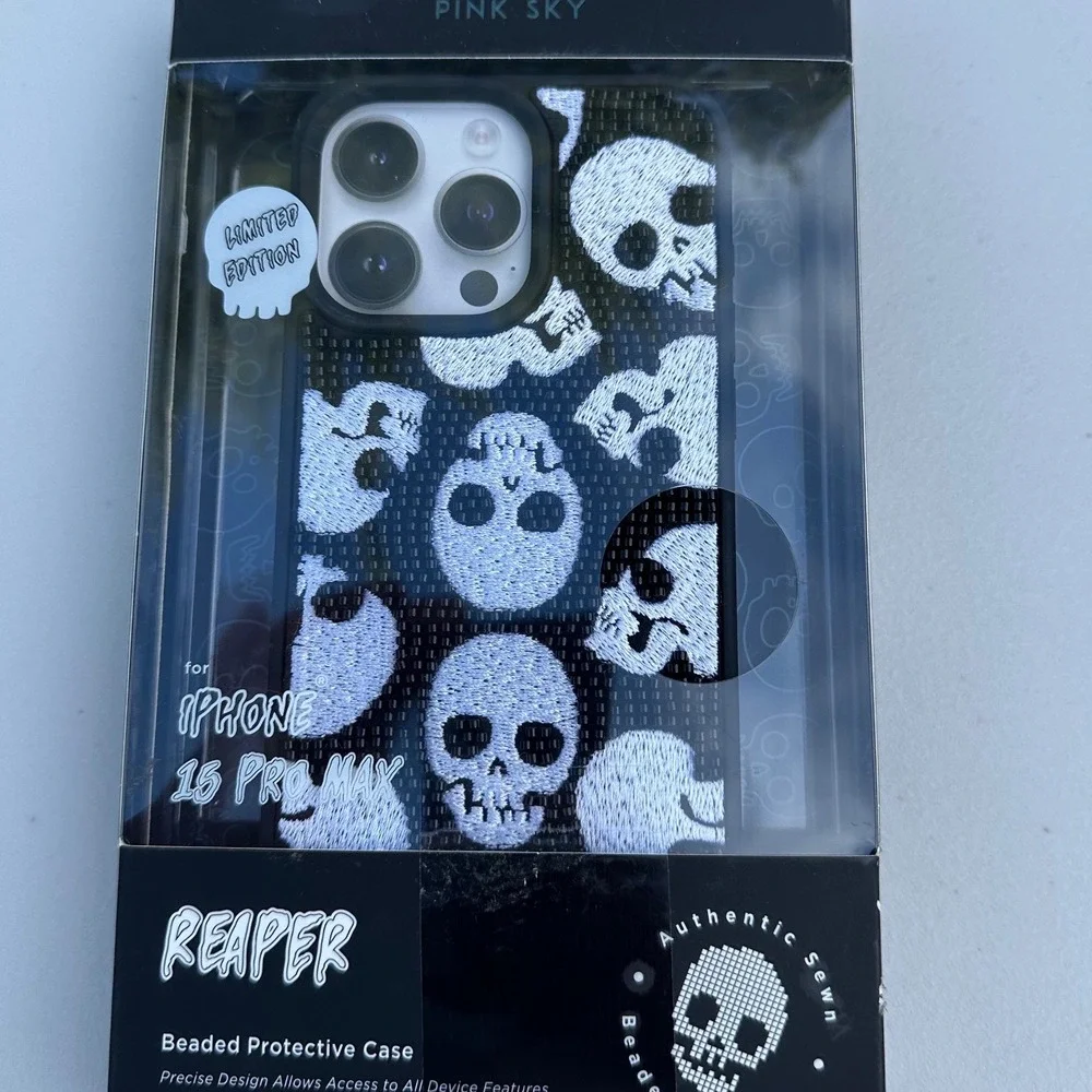 Pink Sky Reaper Beaded iPhone 15 Pro Max Case Limited Edition Skull Pattern NEW